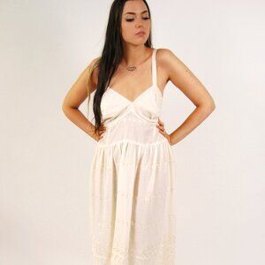 70s Embroidered Midi Dress (L) cream large strapless slip lingerie negligee boho